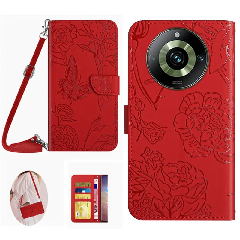 HT03 For Realme 11 Pro 5G / 11 Pro+ 5G Phone Cover PU Leather Wallet Imprinted Flip Stand Case with Shoulder Strap - Red