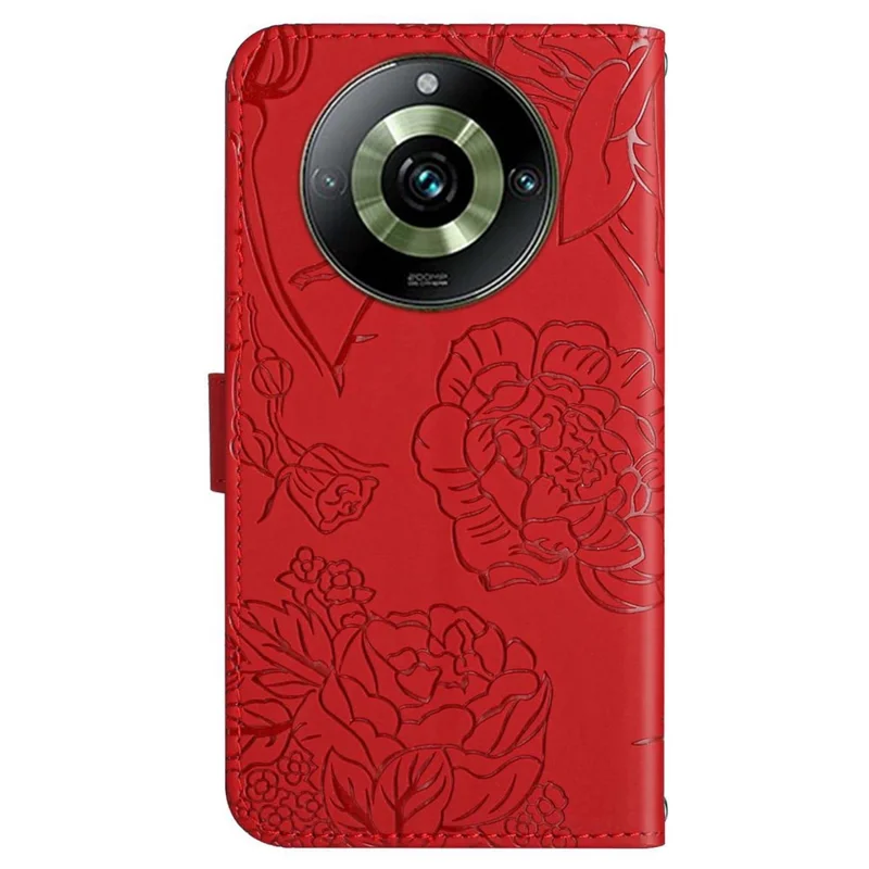 HT03 For Realme 11 Pro 5G / 11 Pro+ 5G Phone Cover PU Leather Wallet Imprinted Flip Stand Case with Shoulder Strap - Red