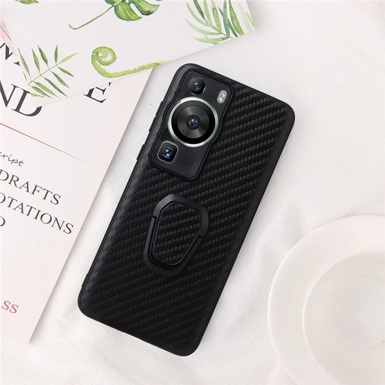 Für Huawei P60 Pro Sturzfester Handyhülle Texturiertes PU-Leder beschichtetes TPU+PC-Cover mit Ständer - Carbonfaser-Textur