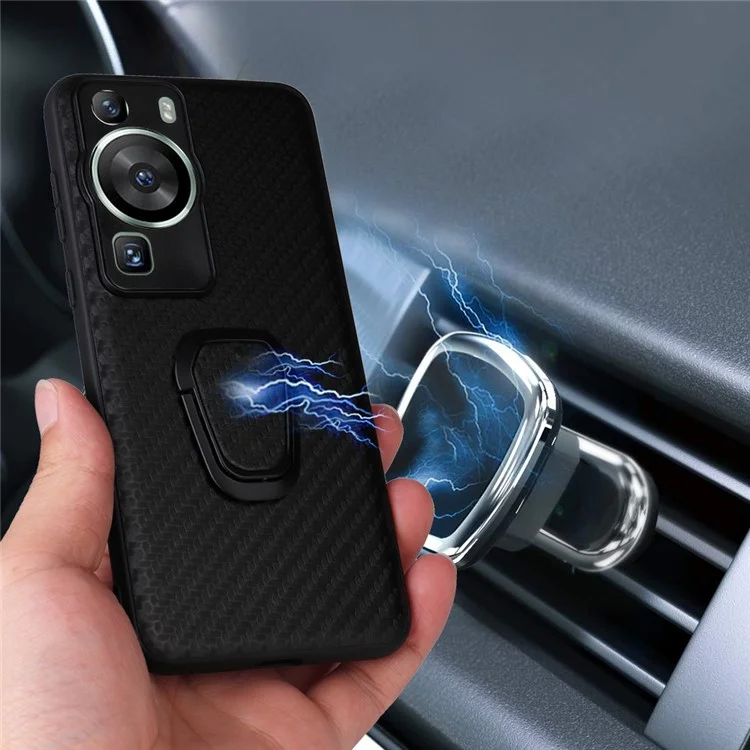 Für Huawei P60 Pro Sturzfester Handyhülle Texturiertes PU-Leder beschichtetes TPU+PC-Cover mit Ständer - Carbonfaser-Textur