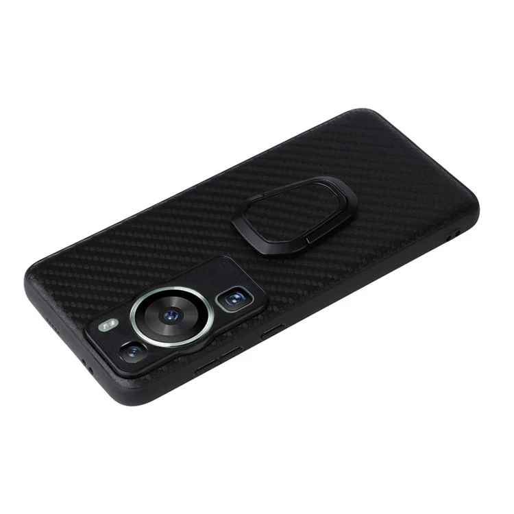 Für Huawei P60 Pro Sturzfester Handyhülle Texturiertes PU-Leder beschichtetes TPU+PC-Cover mit Ständer - Carbonfaser-Textur