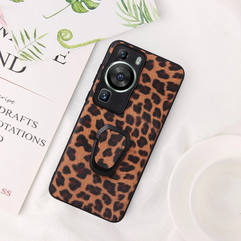 För Huawei P60 Pro Skärmskyddande Mobilskal Med Strukturerad PU-läderbelagd TPU+PC Hölje Med Flikstöd - Leopard