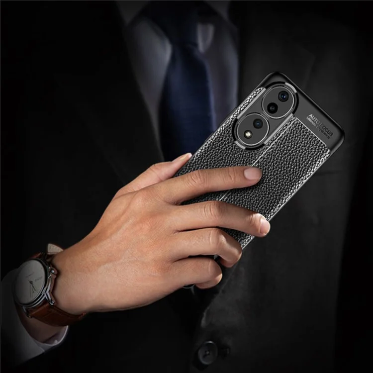 For Honor 90 Litchi Texture Smartphone Cover Anti-Scratch Soft TPU Cell Phone Case Shell - Black