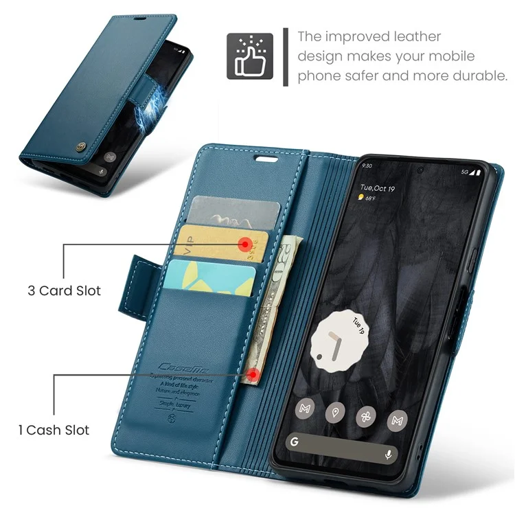 For Google Pixel 8 Pro Leather Case CASEME 023 RFID Blocking 3 Card Slot Mobile Cover - Blue