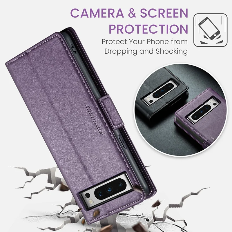For Google Pixel 8 Pro Leather Case CASEME 023 RFID Blocking 3 Card Slot Mobile Cover - Purple