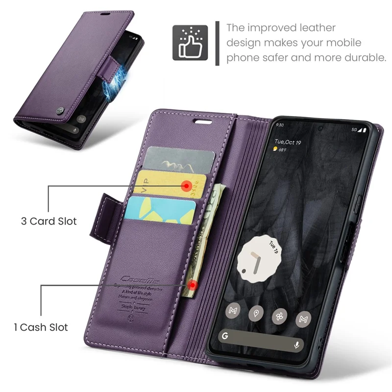 For Google Pixel 8 Pro Leather Case CASEME 023 RFID Blocking 3 Card Slot Mobile Cover - Purple