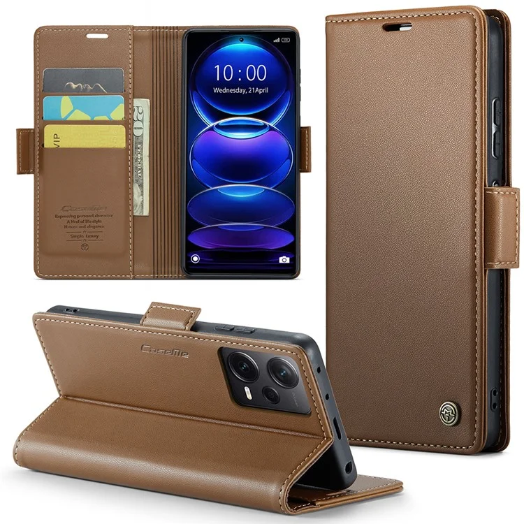 CASEME 023 Série para Xiaomi Redmi Note 12 Pro+ 5G Litchi Textura Carteira Stand Case PU Leather RFID Blocking Capa de Telefone - Marrom