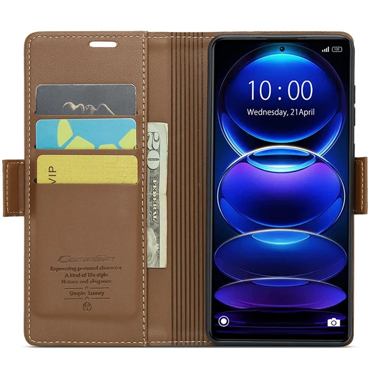 CASEME 023 Série para Xiaomi Redmi Note 12 Pro+ 5G Litchi Textura Carteira Stand Case PU Leather RFID Blocking Capa de Telefone - Marrom