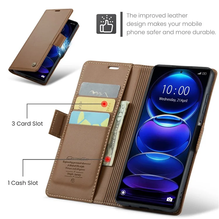 CASEME 023 Série para Xiaomi Redmi Note 12 Pro+ 5G Litchi Textura Carteira Stand Case PU Leather RFID Blocking Capa de Telefone - Marrom