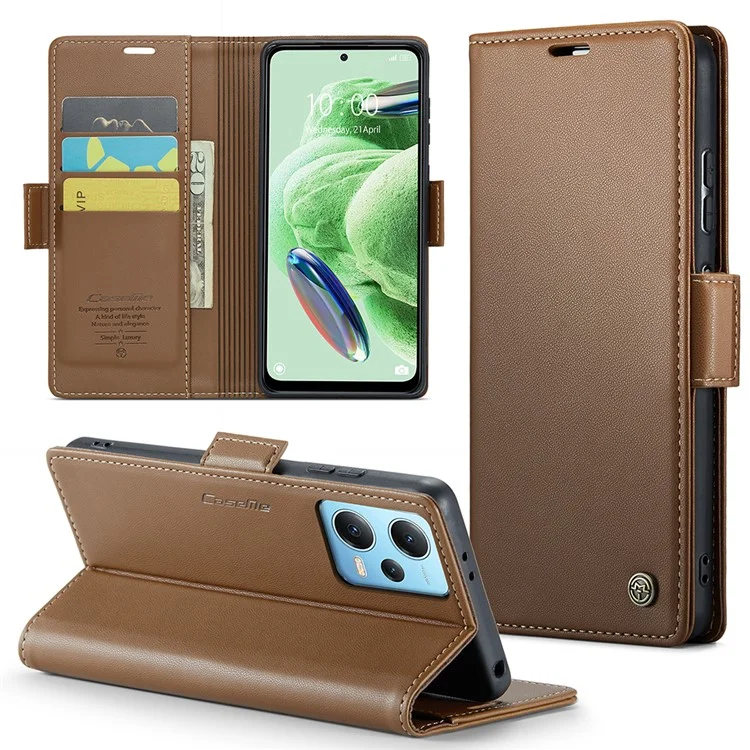 CASEME 023 Série pour Xiaomi Redmi Note 12 5G (Chine) / (Inde) / (Global) / Poco X5 5G Texture Litchi Étui Portefeuille RFID Blocking Étui en Cuir Support Téléphone - Marron