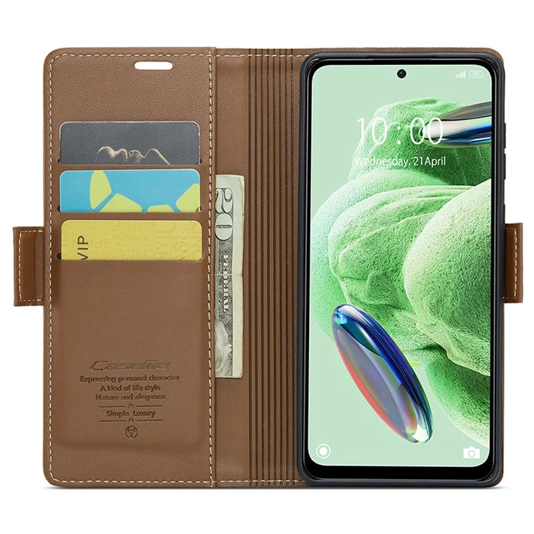 CASEME 023 Série pour Xiaomi Redmi Note 12 5G (Chine) / (Inde) / (Global) / Poco X5 5G Texture Litchi Étui Portefeuille RFID Blocking Étui en Cuir Support Téléphone - Marron