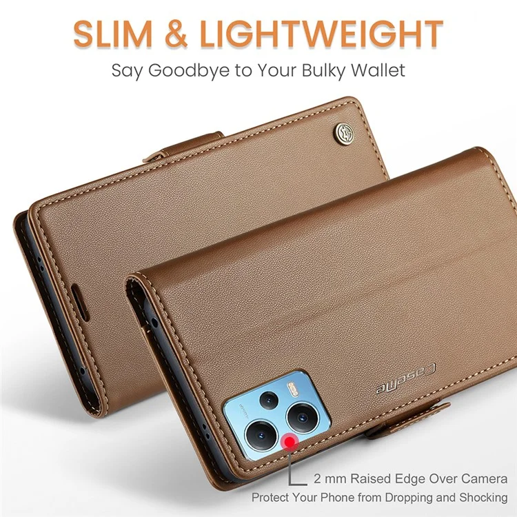 CASEME 023 Série pour Xiaomi Redmi Note 12 5G (Chine) / (Inde) / (Global) / Poco X5 5G Texture Litchi Étui Portefeuille RFID Blocking Étui en Cuir Support Téléphone - Marron