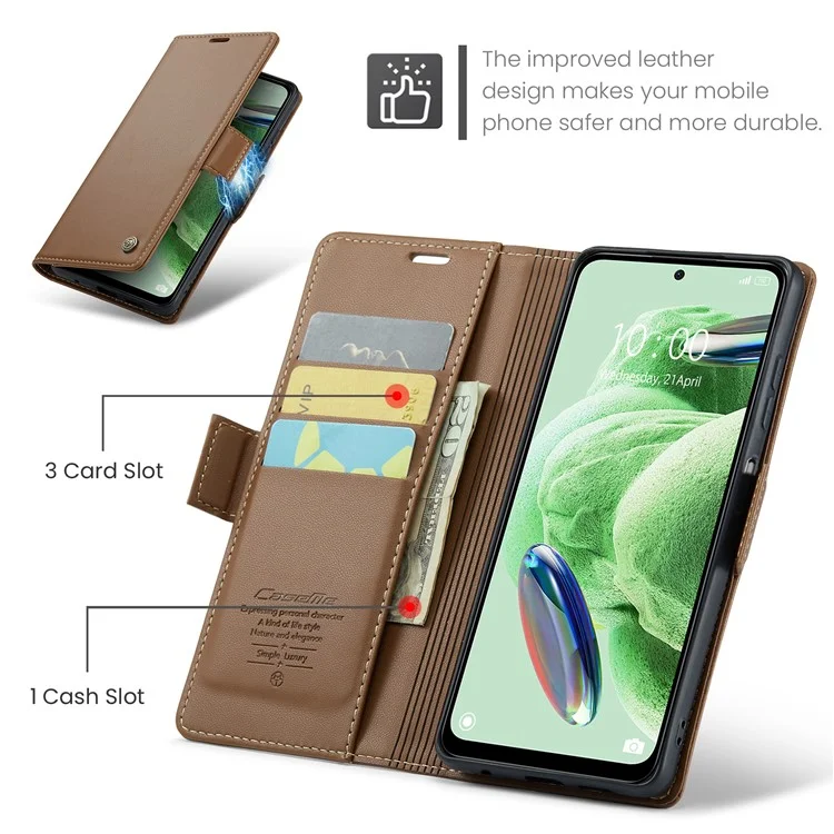 CASEME 023 Série pour Xiaomi Redmi Note 12 5G (Chine) / (Inde) / (Global) / Poco X5 5G Texture Litchi Étui Portefeuille RFID Blocking Étui en Cuir Support Téléphone - Marron