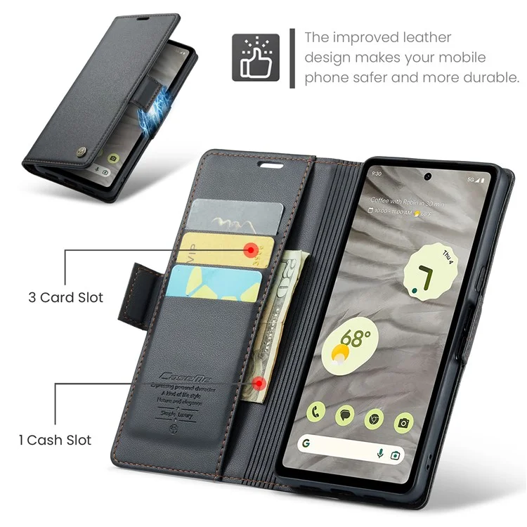 CASEME 023 Serie für Google Pixel 7a RFID-blockierendes Wallet-Ständer-Handyhülle mit Litchi-Textur PU-Leder-Cover - Schwarz