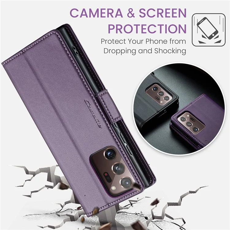 CASEME 023 Series for Samsung Galaxy Note20 Ultra / Ultra 5G RFID Blocking Leather Wallet Cover Flip Stand Litchi Texture Phone Case - Purple