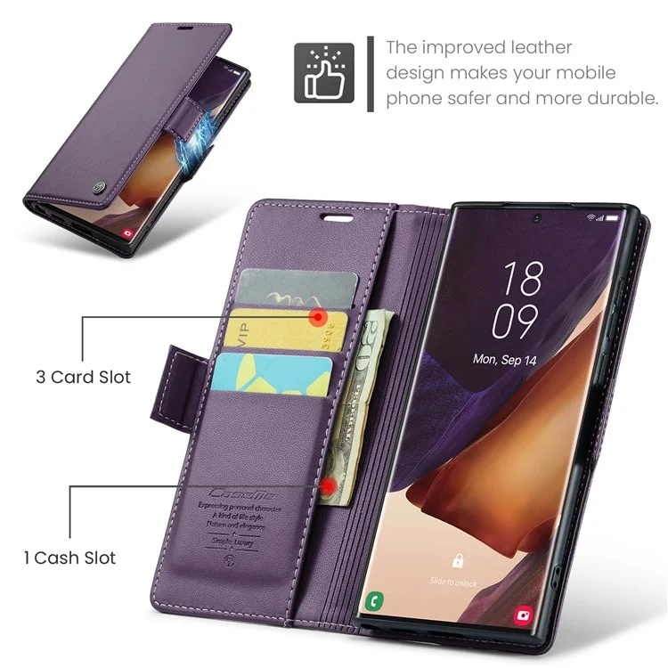 CASEME 023 Series for Samsung Galaxy Note20 Ultra / Ultra 5G RFID Blocking Leather Wallet Cover Flip Stand Litchi Texture Phone Case - Purple