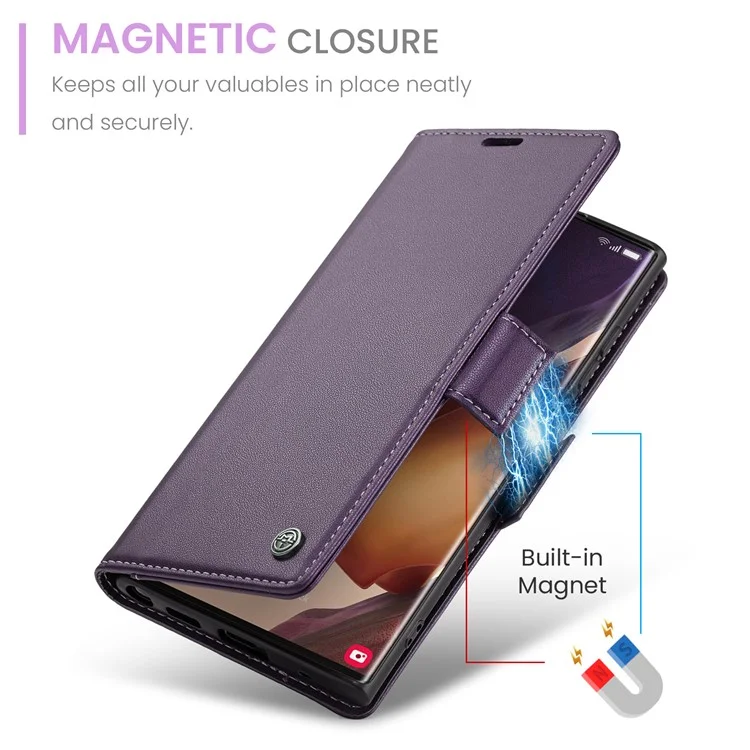 CASEME 023 Series for Samsung Galaxy Note20 Ultra / Ultra 5G RFID Blocking Leather Wallet Cover Flip Stand Litchi Texture Phone Case - Purple