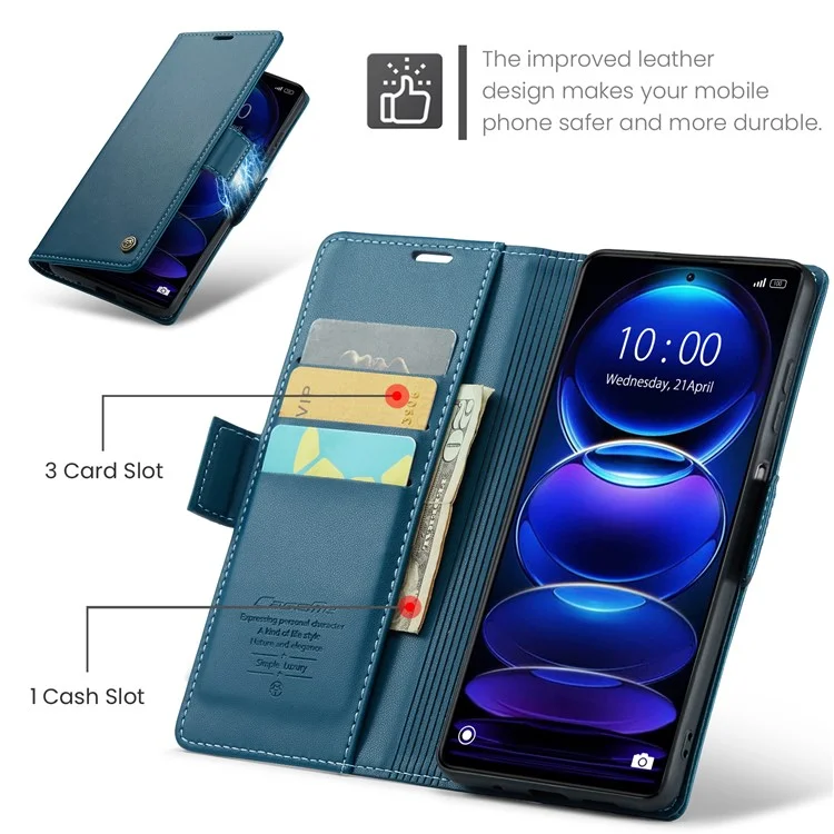 CASEME 023 Serie für Xiaomi Poco X5 Pro 5G / Redmi Note 12 Pro Speed 5G / Note 12 Pro 5G RFID-blockierendes Wallet-Case, Leder-Flip-Ständer-Handyhülle - Blau
