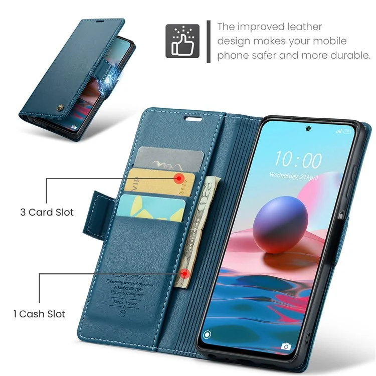 For Xiaomi Redmi Note 10 4G / Note 10S 4G Leather Case CASEME 023 RFID Blocking 3 Card Slot Mobile Cover - Blue