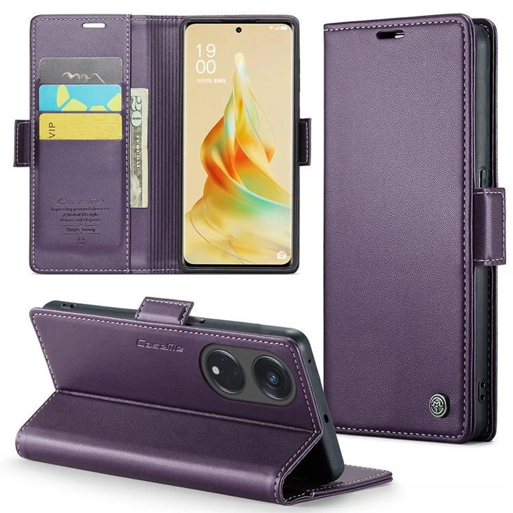 CASEME 023 Series para Oppo Reno8 T 5G / A1 Pro 5G Capa de Couro PU Flip Cover Stand Textura de Litchi Bloqueio RFID Carteira Capa de Telefone - Roxo