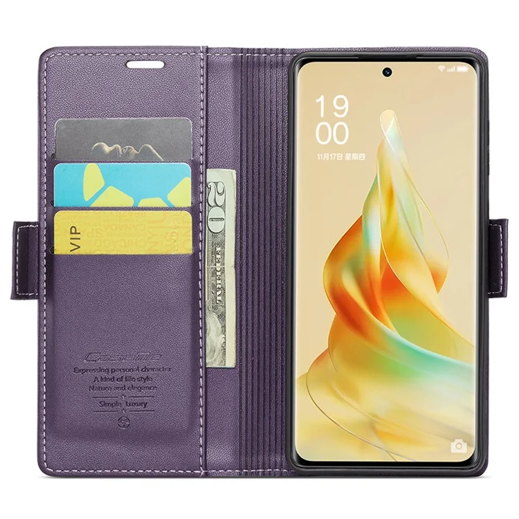 CASEME 023 Series para Oppo Reno8 T 5G / A1 Pro 5G Capa de Couro PU Flip Cover Stand Textura de Litchi Bloqueio RFID Carteira Capa de Telefone - Roxo
