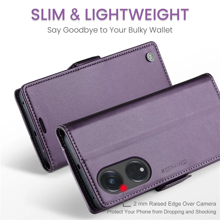 CASEME 023 Series para Oppo Reno8 T 5G / A1 Pro 5G Capa de Couro PU Flip Cover Stand Textura de Litchi Bloqueio RFID Carteira Capa de Telefone - Roxo