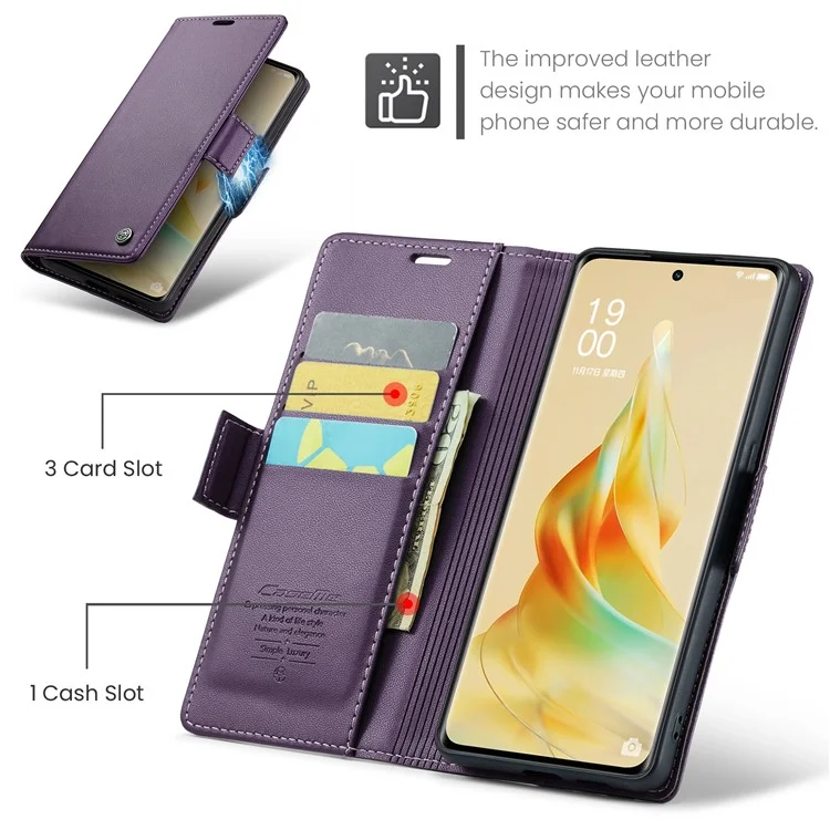 CASEME 023 Series para Oppo Reno8 T 5G / A1 Pro 5G Capa de Couro PU Flip Cover Stand Textura de Litchi Bloqueio RFID Carteira Capa de Telefone - Roxo