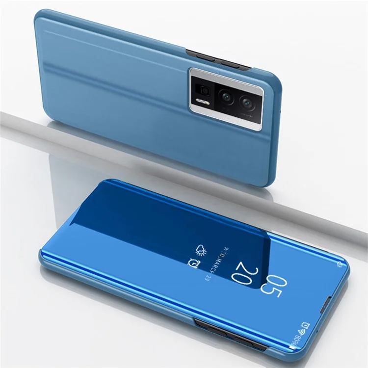 Étui Miroir Surface pour Xiaomi Redmi K60 5G / K60 Pro 5G / Poco F5 Pro 5G Fenêtre Vue Électroplacage Cuir Téléphone Couverture - Bleu