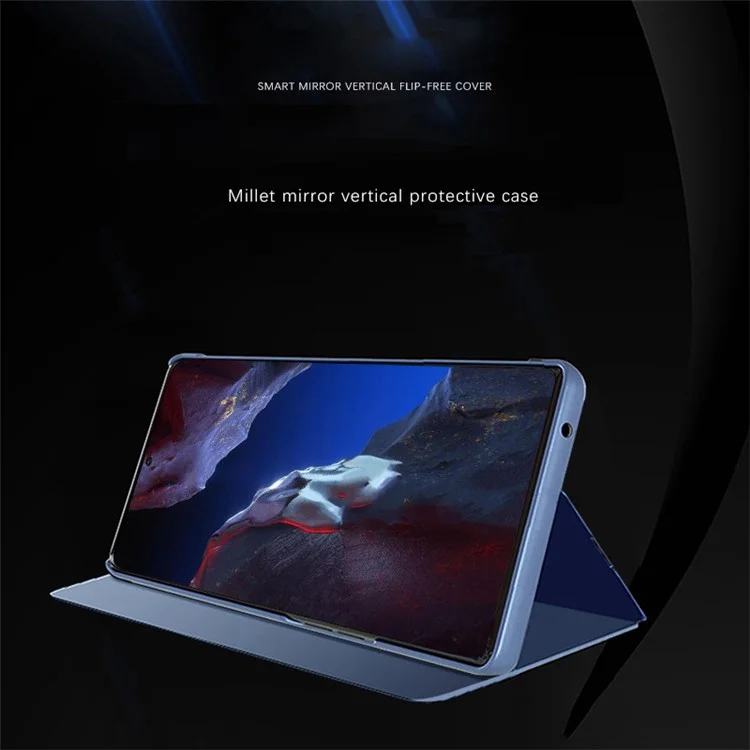Étui Miroir Surface pour Xiaomi Redmi K60 5G / K60 Pro 5G / Poco F5 Pro 5G Fenêtre Vue Électroplacage Cuir Téléphone Couverture - Bleu