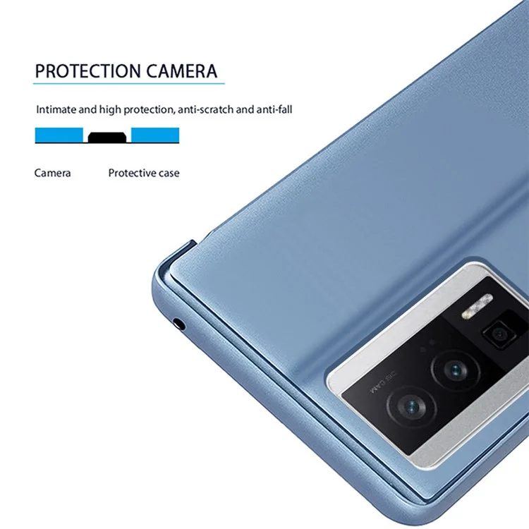 Étui Miroir Surface pour Xiaomi Redmi K60 5G / K60 Pro 5G / Poco F5 Pro 5G Fenêtre Vue Électroplacage Cuir Téléphone Couverture - Bleu
