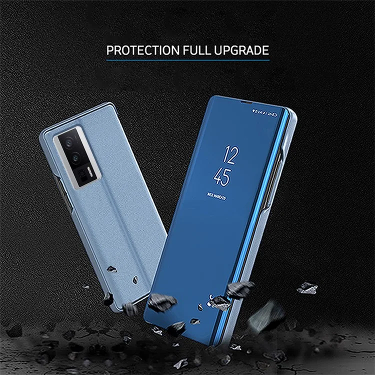 Étui Miroir Surface pour Xiaomi Redmi K60 5G / K60 Pro 5G / Poco F5 Pro 5G Fenêtre Vue Électroplacage Cuir Téléphone Couverture - Bleu
