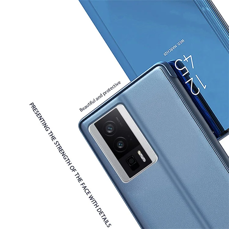 Étui Miroir Surface pour Xiaomi Redmi K60 5G / K60 Pro 5G / Poco F5 Pro 5G Fenêtre Vue Électroplacage Cuir Téléphone Couverture - Bleu