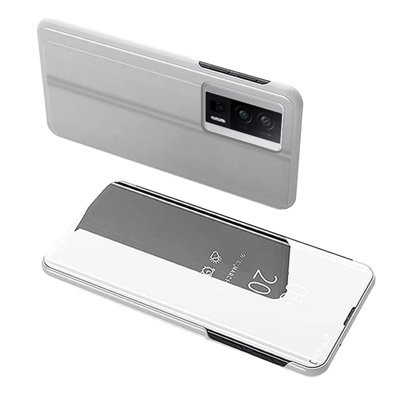 Mirror Surface Case for Xiaomi Redmi K60 5G / K60 Pro 5G / Poco F5 Pro 5G View Window Electroplating Leather Phone Cover - Silver