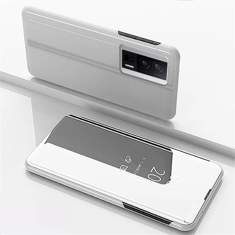 Mirror Surface Case for Xiaomi Redmi K60 5G / K60 Pro 5G / Poco F5 Pro 5G View Window Electroplating Leather Phone Cover - Silver