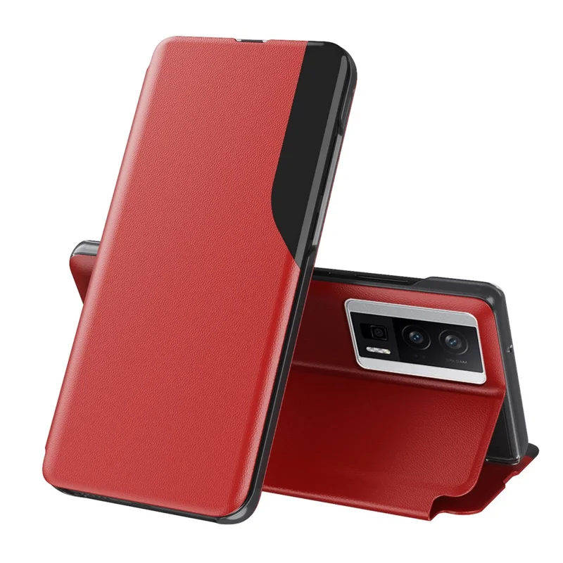 Per Xiaomi Poco F5 Pro 5G / Redmi K60 Pro 5G / K60 5G Custodia per telefono cellulare Stand Copertura in pelle PU con finestra di visualizzazione - Rosso