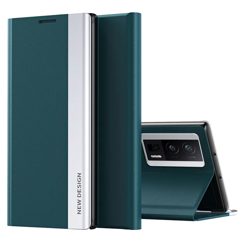 Para el caso del teléfono Xiaomi Redmi K60 5G / K60 Pro 5G / Poco F5 Pro 5G, funda de cuero PU con acabado metálico y soporte - Verde