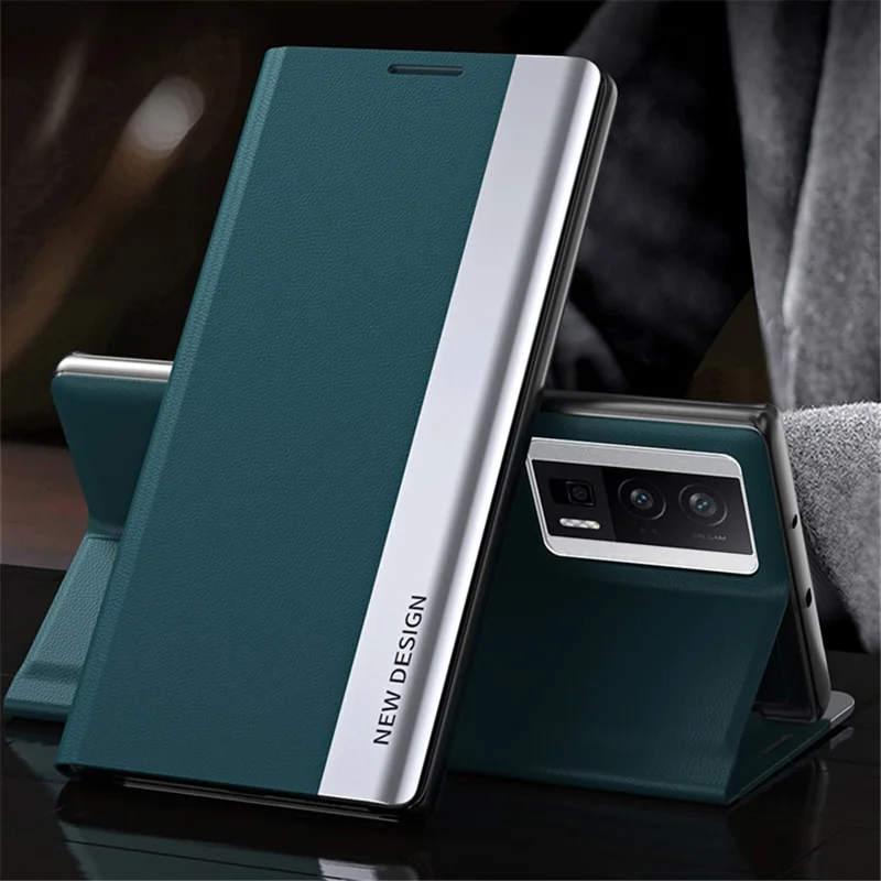 Para el caso del teléfono Xiaomi Redmi K60 5G / K60 Pro 5G / Poco F5 Pro 5G, funda de cuero PU con acabado metálico y soporte - Verde