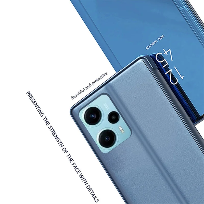 For Xiaomi Poco F5 5G / Redmi Note 12 Turbo Electroplating Phone Case View Window Mirror Surface Leather Phone Cover - Black