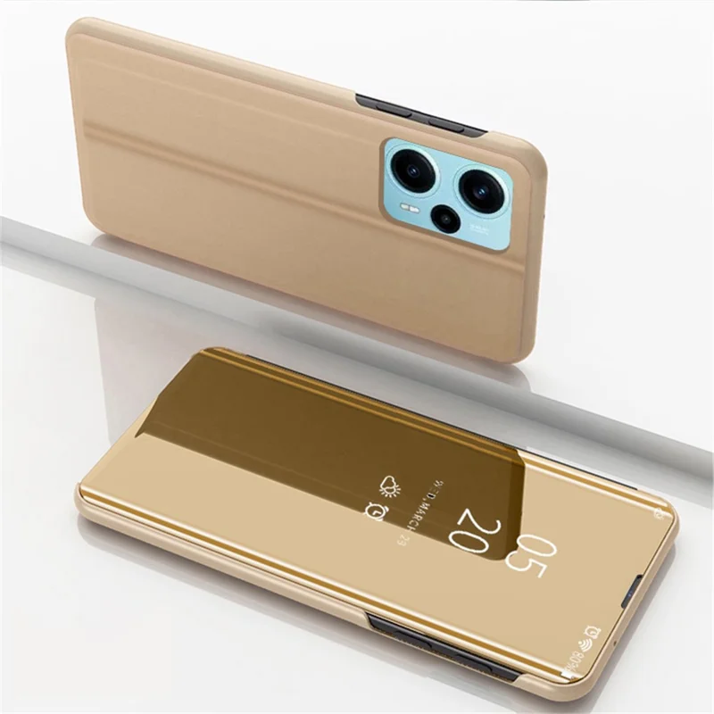 Para Xiaomi Poco F5 5G / Redmi Note 12 Turbo Funda de Teléfono de Cuero con Ventana y Espejo Plateado - Oro