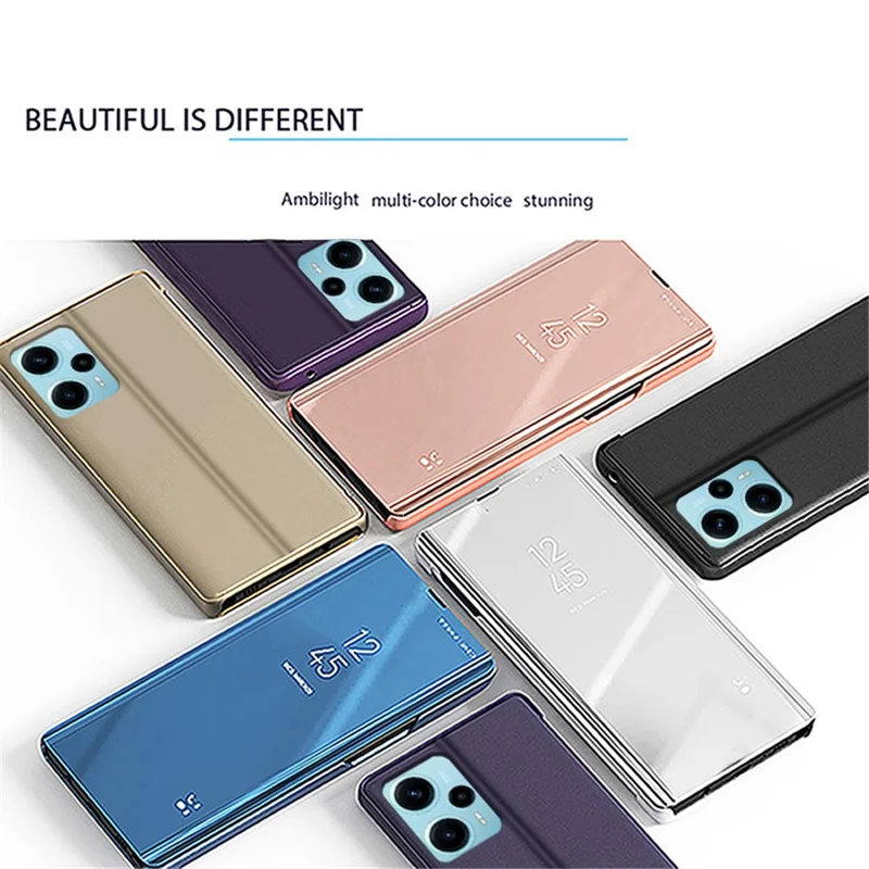 Para Xiaomi Poco F5 5G / Redmi Note 12 Turbo Funda de Teléfono de Cuero con Ventana y Espejo Plateado - Oro