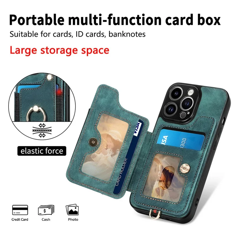 Bump Proof Cover for iPhone 14 Pro RFID Blocking Card Holder PU Leather+PC+TPU Kickstand Phone Case - Green