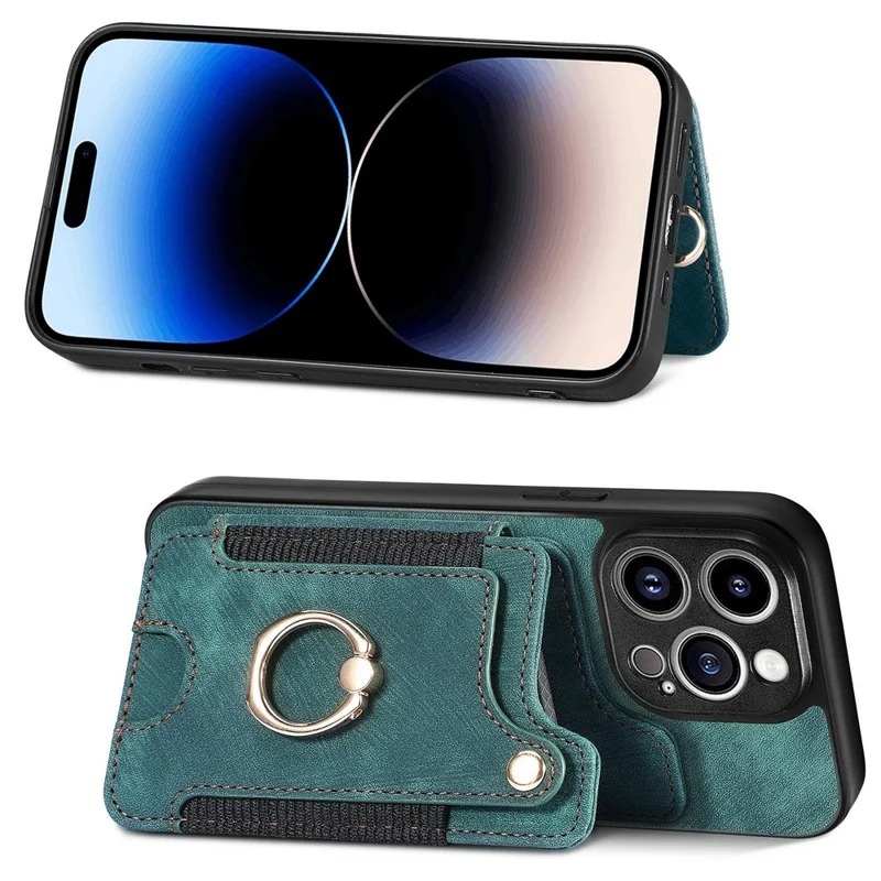 Bump Proof Cover for iPhone 14 Pro RFID Blocking Card Holder PU Leather+PC+TPU Kickstand Phone Case - Green