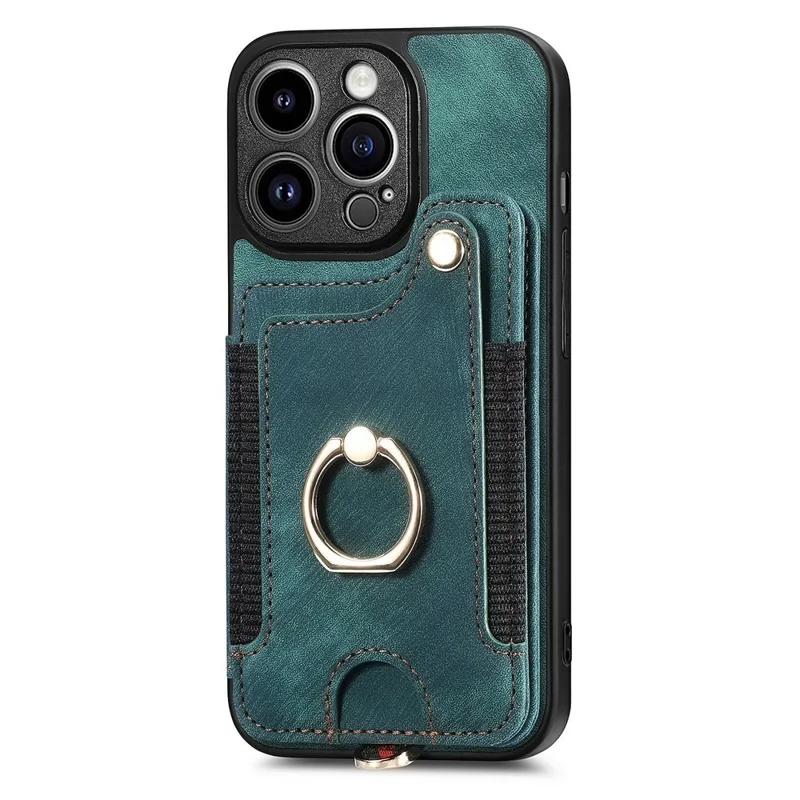 Bump Proof Cover for iPhone 14 Pro RFID Blocking Card Holder PU Leather+PC+TPU Kickstand Phone Case - Green