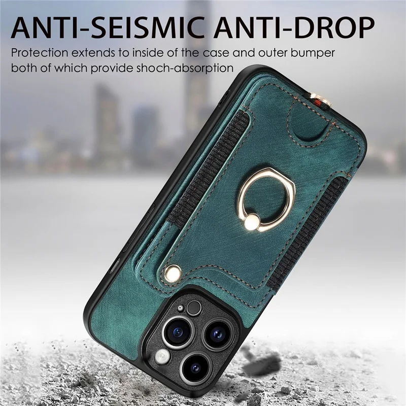 Bump Proof Cover for iPhone 14 Pro RFID Blocking Card Holder PU Leather+PC+TPU Kickstand Phone Case - Green