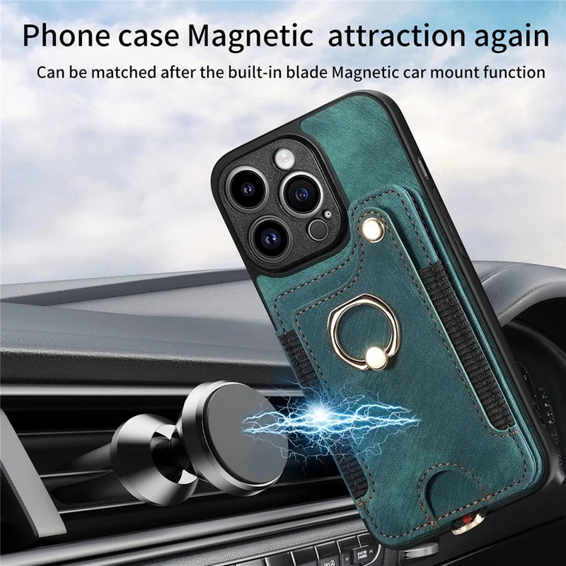 Bump Proof Cover for iPhone 14 Pro RFID Blocking Card Holder PU Leather+PC+TPU Kickstand Phone Case - Green