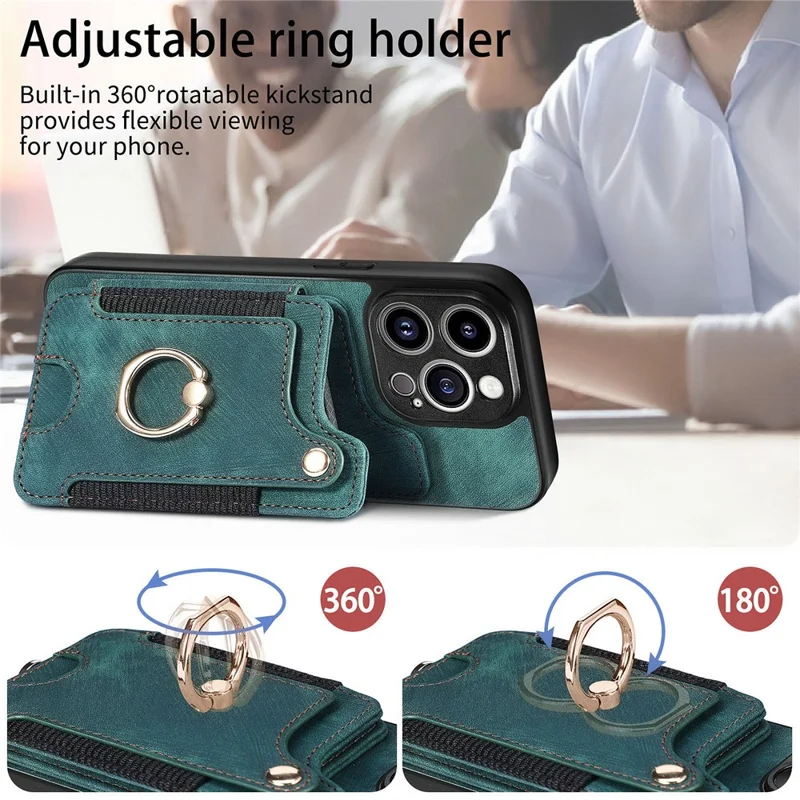 Bump Proof Cover for iPhone 14 Pro RFID Blocking Card Holder PU Leather+PC+TPU Kickstand Phone Case - Green