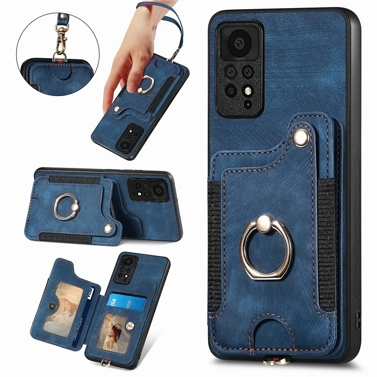 Pour Xiaomi Redmi Note 11 Pro 4G (MediaTek) / 11 Pro 5G (Qualcomm) RFID Blocking Téléphone Mobile Carte de Reprise du Support PU Leather + pc + Tpu Kickstand Case - Bleu Foncé