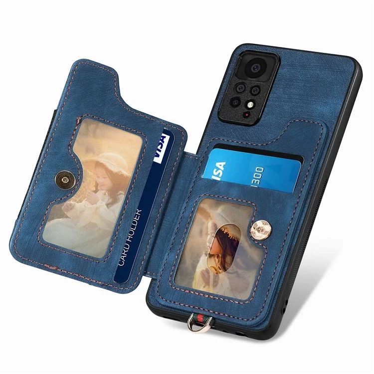 Pour Xiaomi Redmi Note 11 Pro 4G (MediaTek) / 11 Pro 5G (Qualcomm) RFID Blocking Téléphone Mobile Carte de Reprise du Support PU Leather + pc + Tpu Kickstand Case - Bleu Foncé