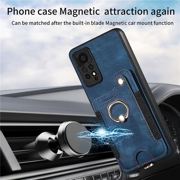 Pour Xiaomi Redmi Note 11 Pro 4G (MediaTek) / 11 Pro 5G (Qualcomm) RFID Blocking Téléphone Mobile Carte de Reprise du Support PU Leather + pc + Tpu Kickstand Case - Bleu Foncé
