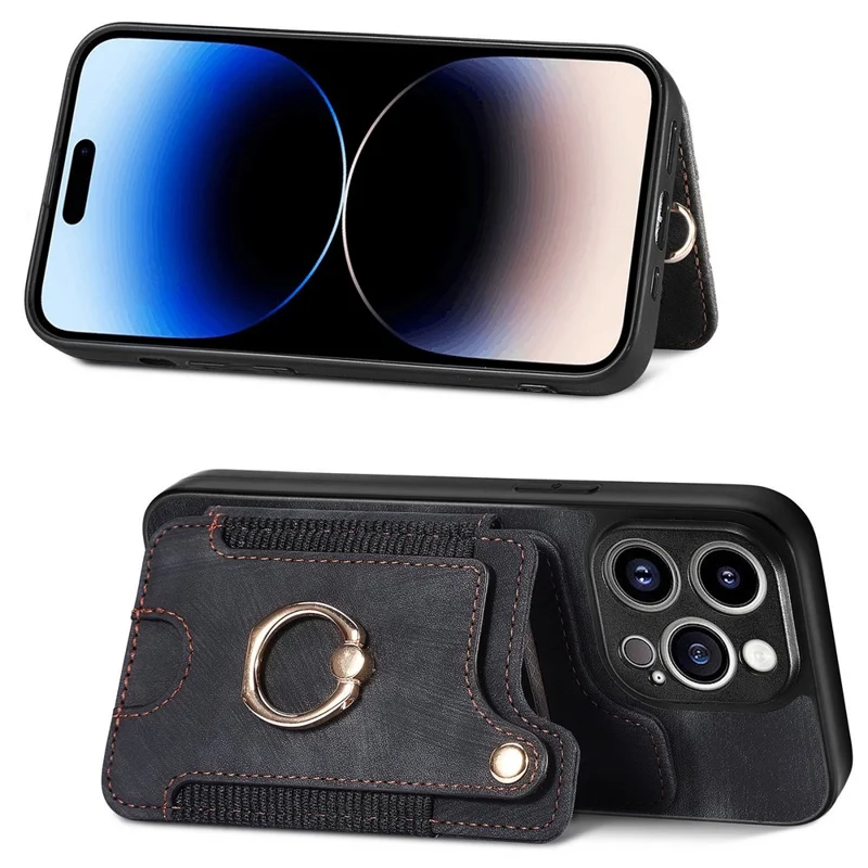 For iPhone 14 Pro Max Card Slots Phone Case Kickstand PU Leather Coated PC+TPU RFID Blocking Cover - Black